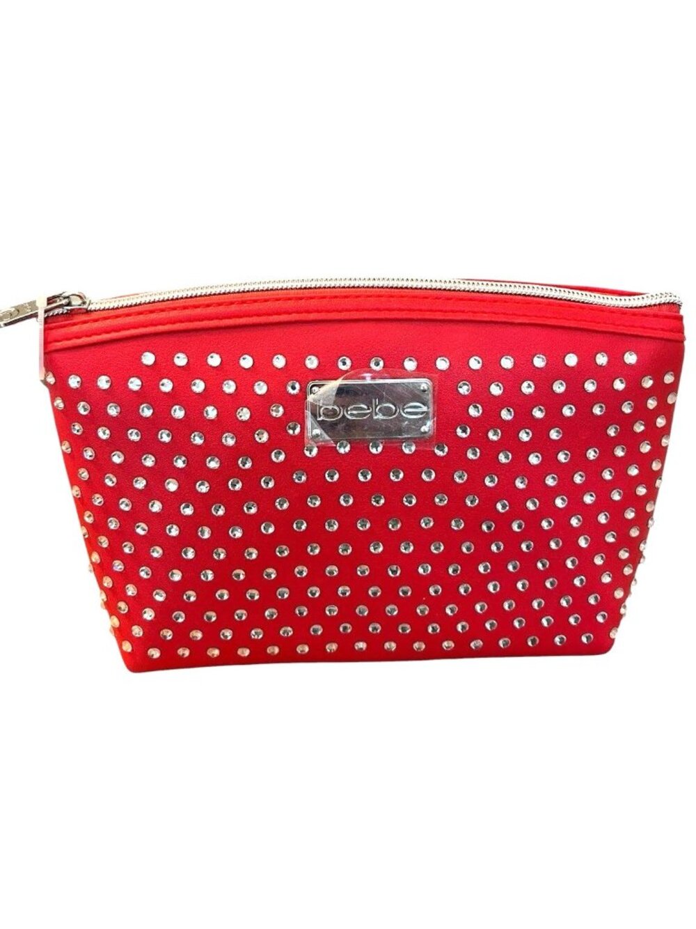 Bebe Red Makeup Bag Clear Rhinestones Zipper Travel Cosmetic Case New